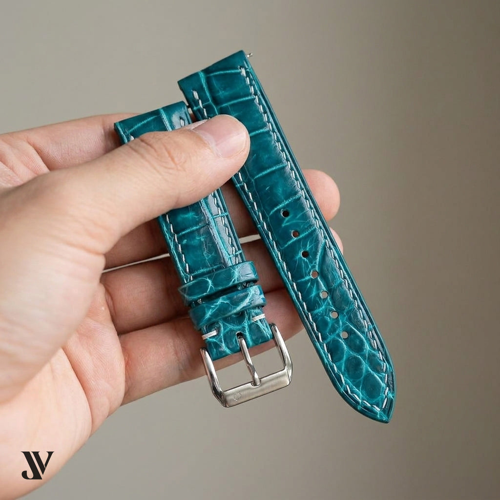 Aqua Patina Alligator Leather Watch Strap — shown on watch