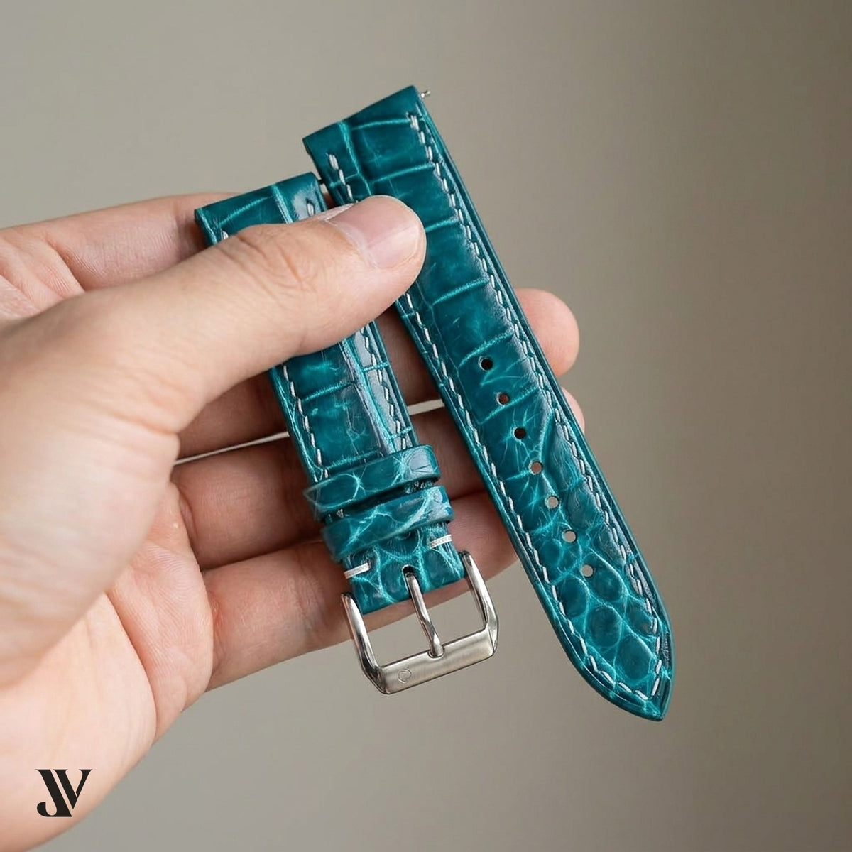 Aqua Patina Alligator Leather Watch Strap — shown on watch
