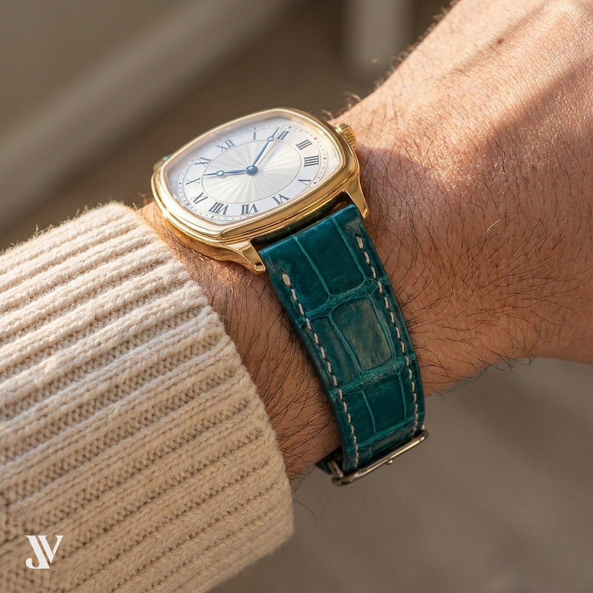 Aqua Patina Alligator Leather Watch Strap — shown on watch