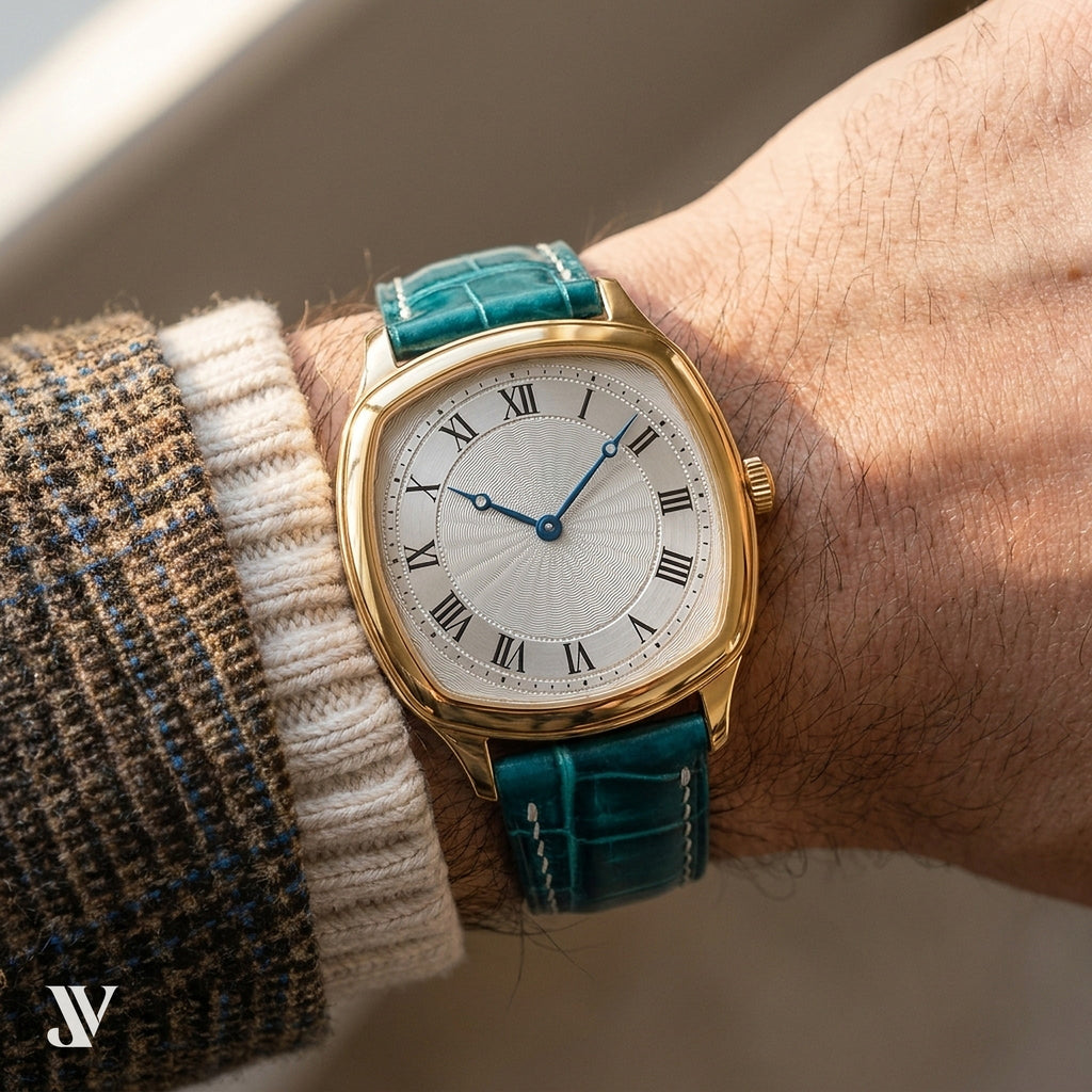 Aqua Patina Alligator Leather Watch Strap — shown on watch