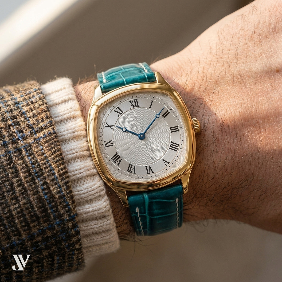 Aqua Patina Alligator Leather Watch Strap — shown on watch