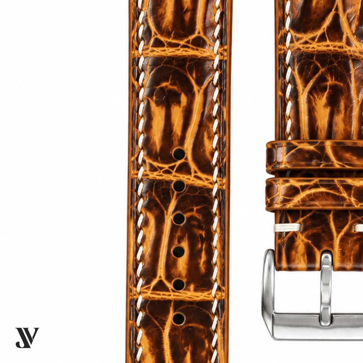 Burnt Amber Patina Alligator Leather Watch Strap — stitching detail