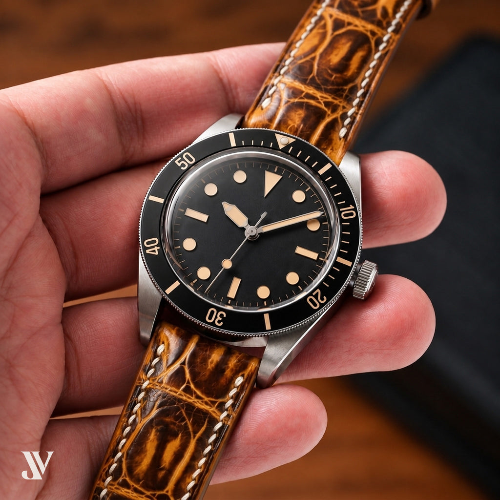 Burnt Amber Patina Alligator Leather Watch Strap — shown on watch