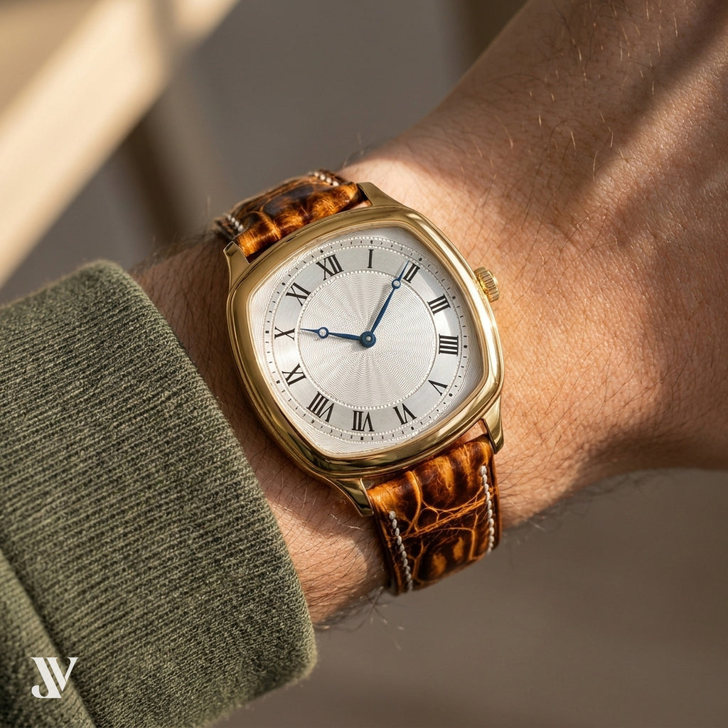 Burnt Amber Patina Alligator Leather Watch Strap — shown on watch