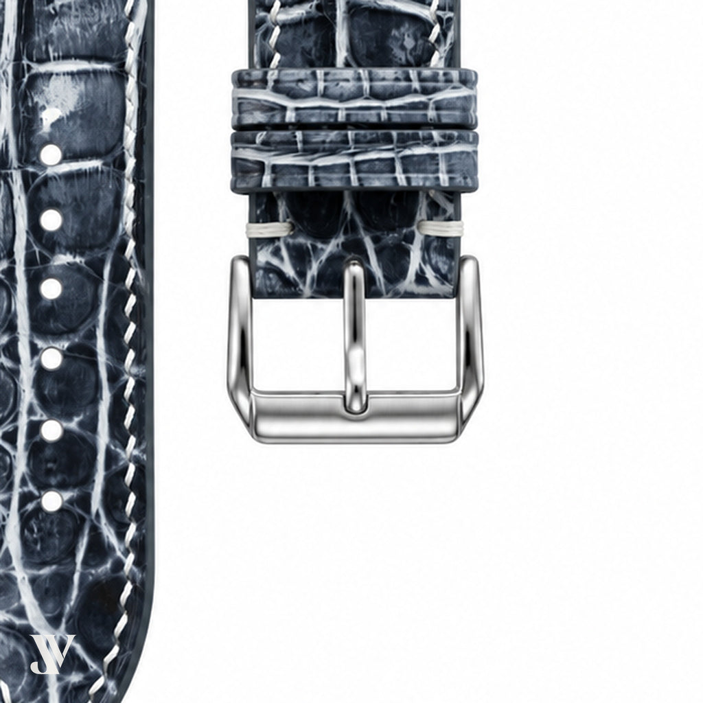 Patina Black Grey Alligator Leather Watch Strap — buckle detail