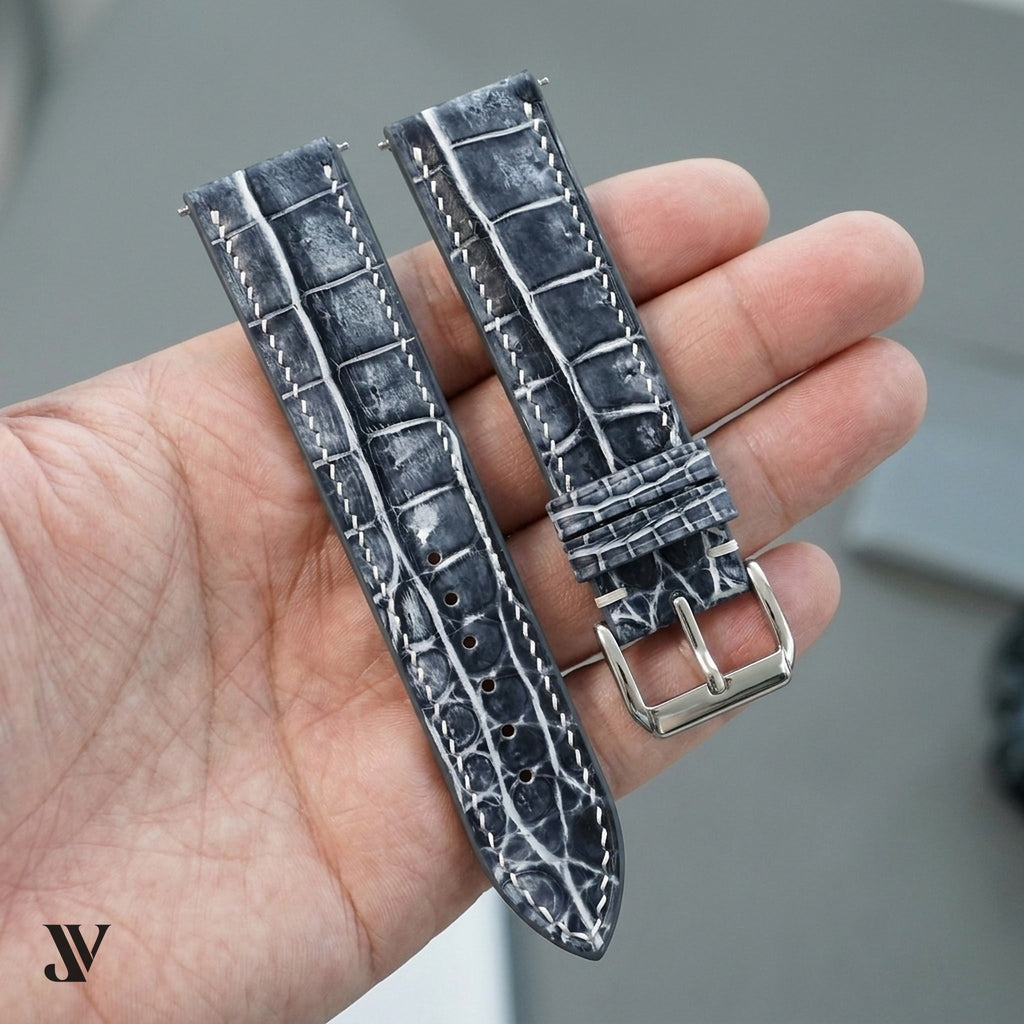 Patina Black Grey Alligator Leather Watch Strap — shown on watch