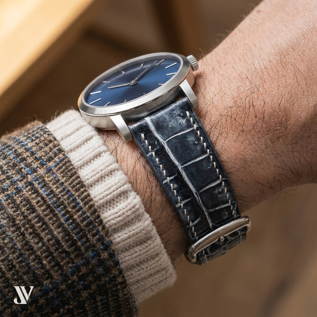 Patina Black Grey Alligator Leather Watch Strap — shown on watch