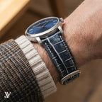 Patina Black Grey Alligator Leather Watch Strap — shown on watch