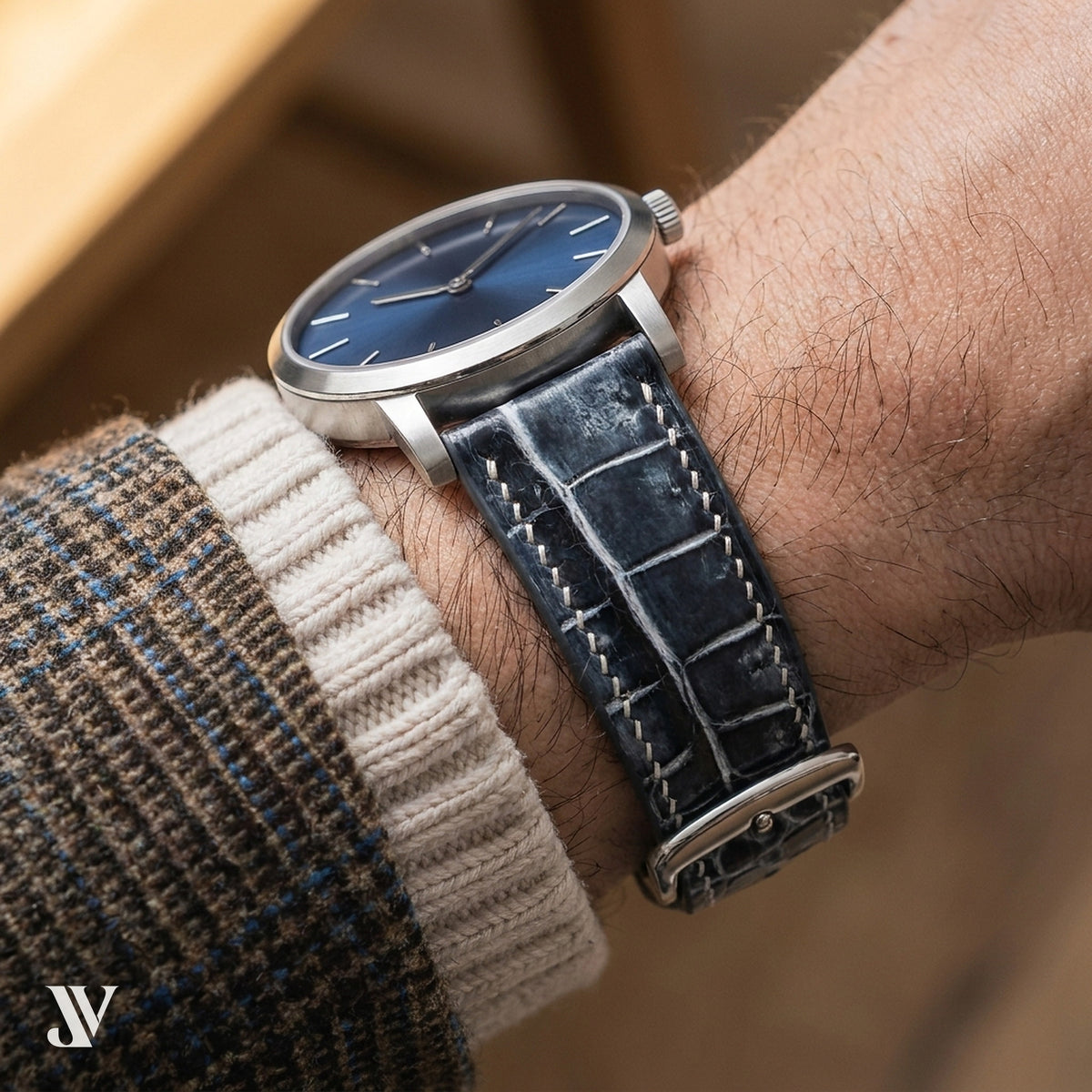 Patina Black Grey Alligator Leather Watch Strap — shown on watch