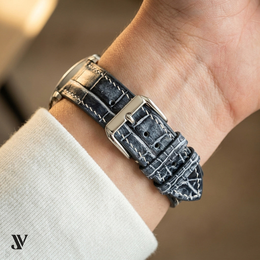 Patina Black Grey Alligator Leather Watch Strap — shown on watch