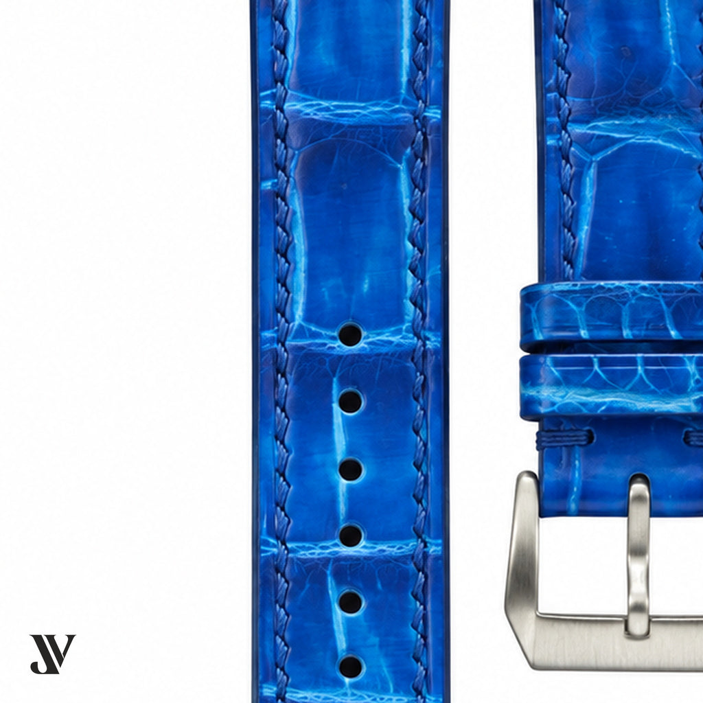 Patina Blue Alligator Leather Watch Strap — stitching detail