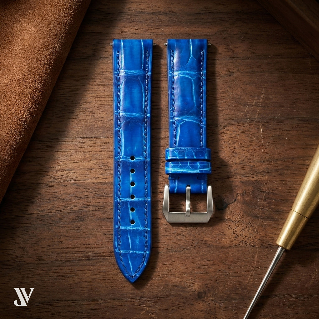 Patina Blue Alligator Leather Watch Strap — styled scene