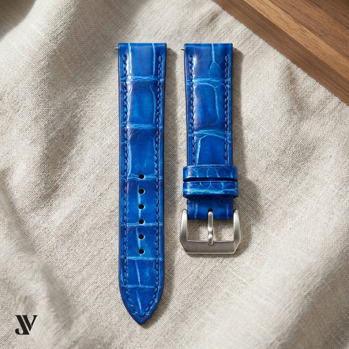 Patina Blue Alligator Leather Watch Strap — styled scene