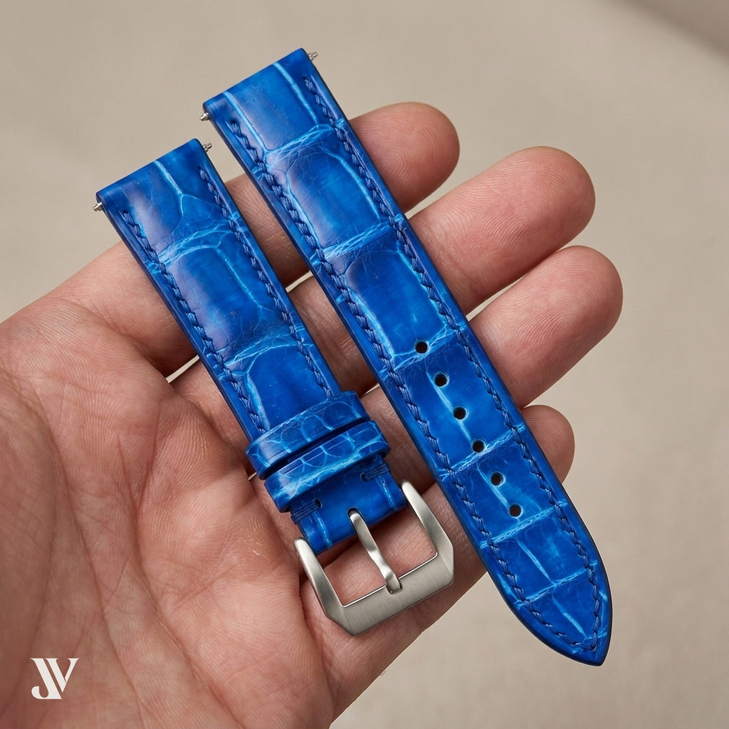 Patina Blue Alligator Leather Watch Strap — shown on watch