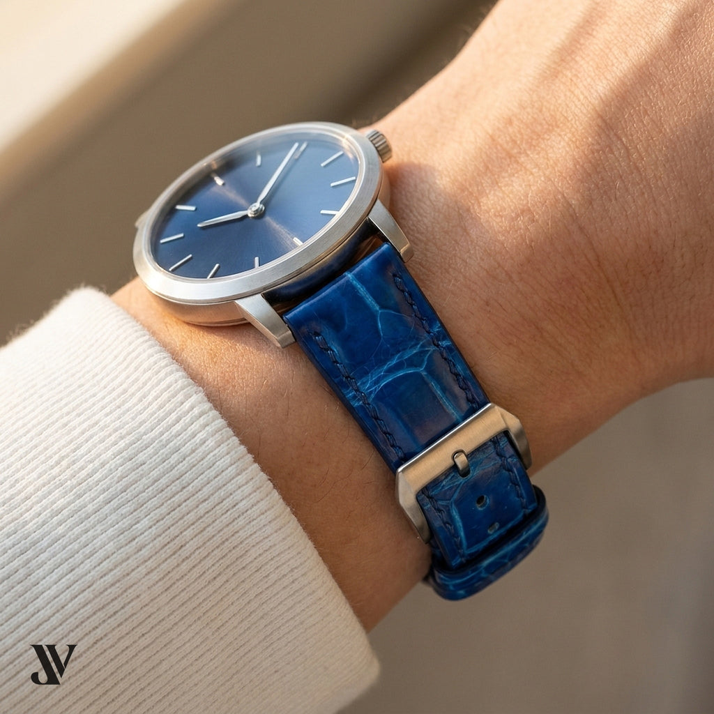Patina Blue Alligator Leather Watch Strap — shown on watch