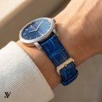 Patina Blue Alligator Leather Watch Strap — shown on watch