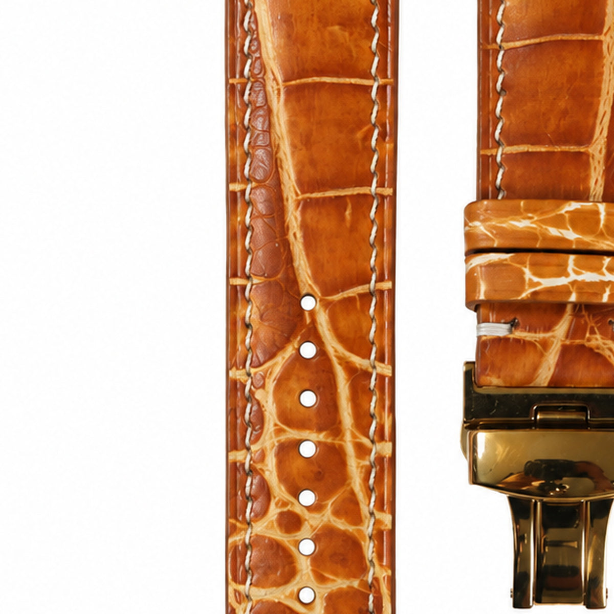 Cognac Patina Alligator Strap with Butterfly Buckle — stitching detail