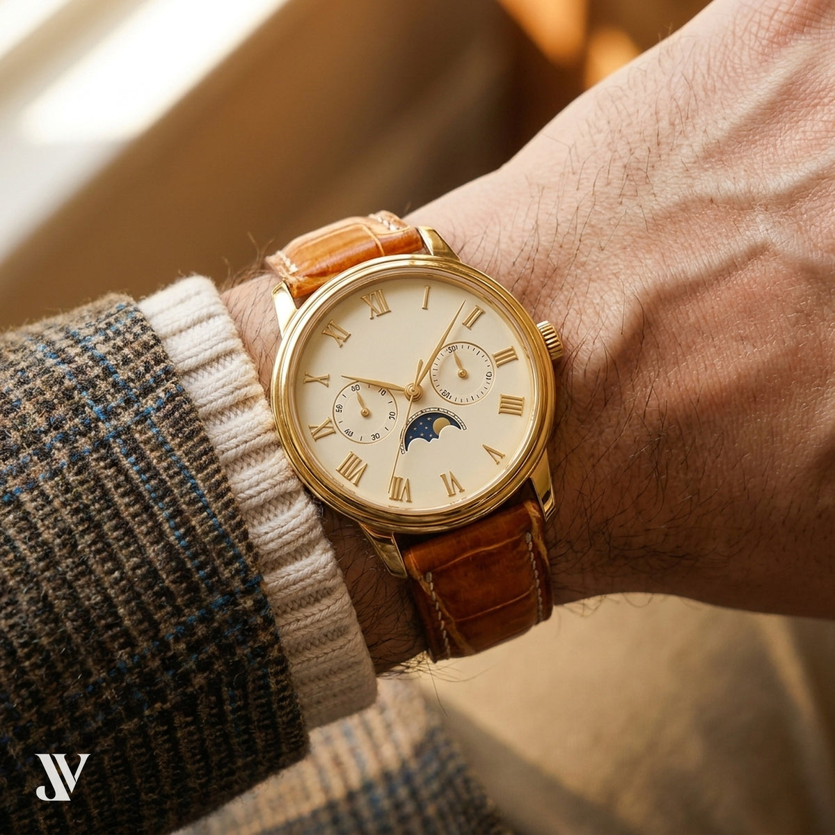 Cognac Patina Alligator Strap with Butterfly Buckle — shown on watch