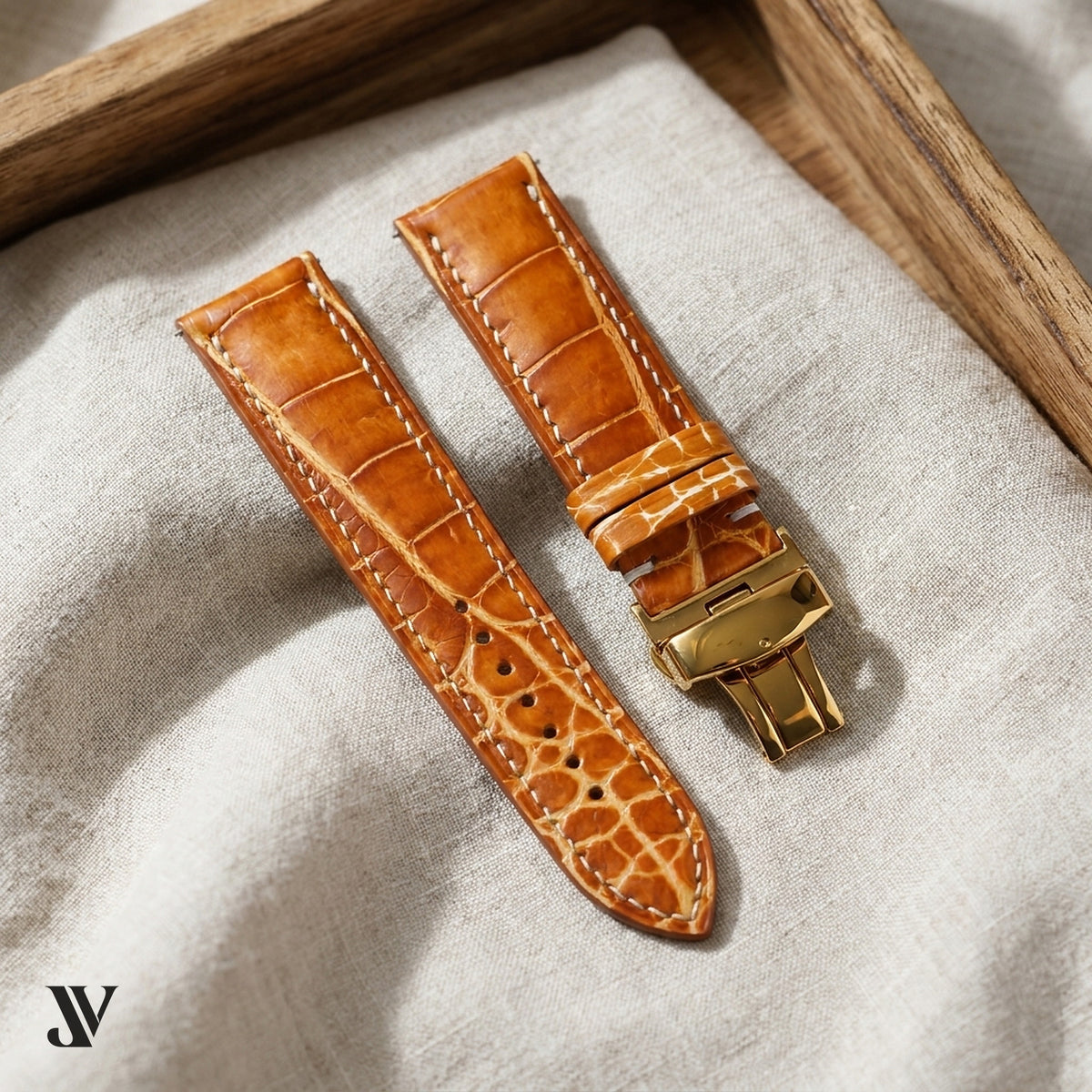 Cognac Patina Alligator Strap with Butterfly Buckle — styled scene