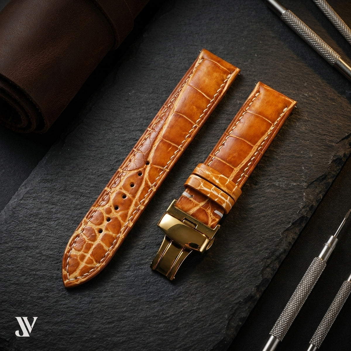 Cognac Patina Alligator Strap with Butterfly Buckle — styled scene