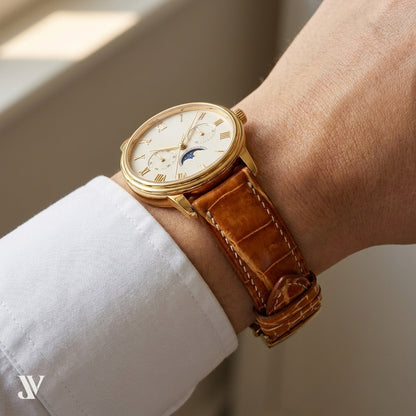 Cognac Patina Alligator Strap with Butterfly Buckle — shown on watch