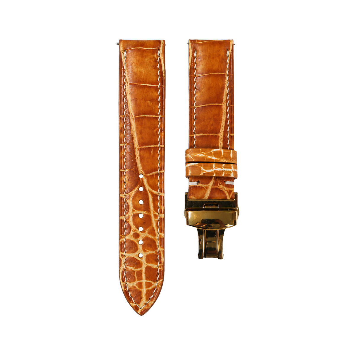Cognac Patina Alligator Strap with Butterfly Buckle — studio photo