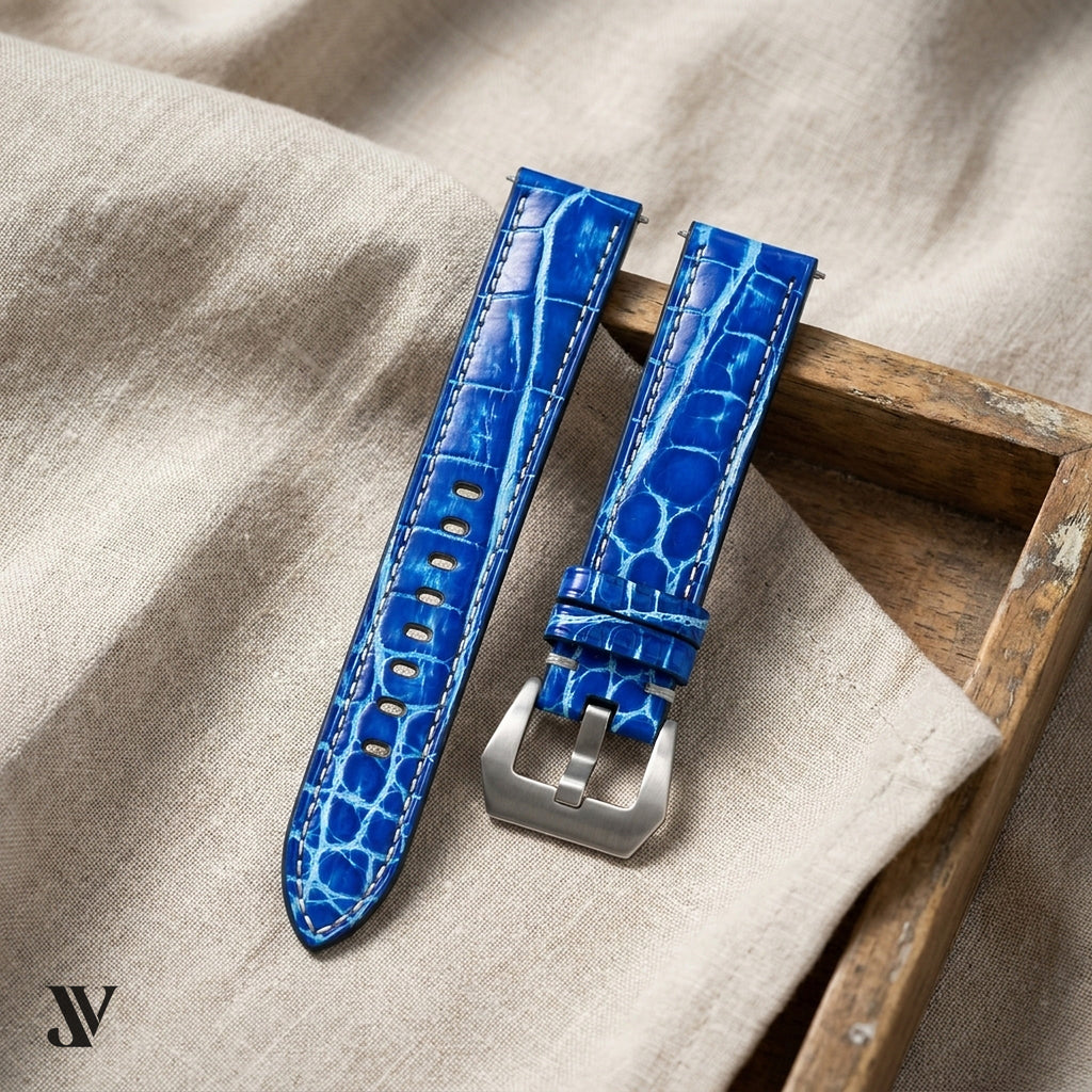 Ocean Blue Patina Alligator Leather Watch Strap — styled scene