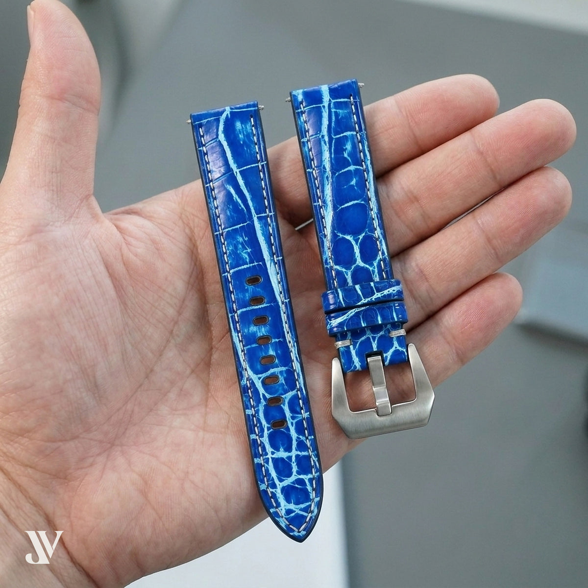 Ocean Blue Patina Alligator Leather Watch Strap — shown on watch
