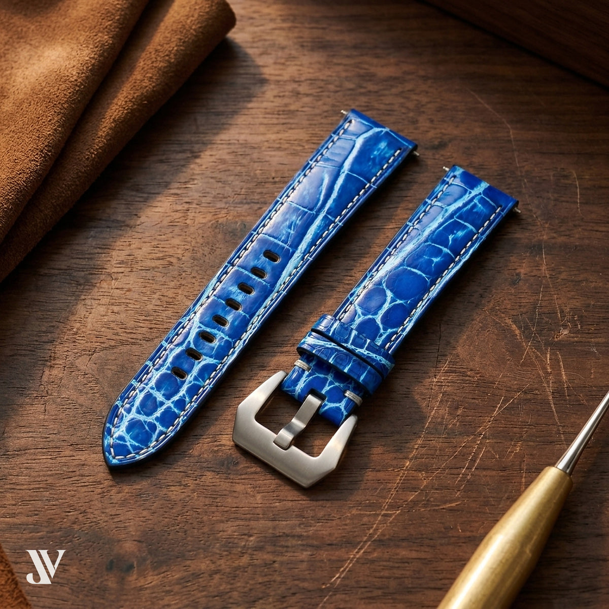 Ocean Blue Patina Alligator Leather Watch Strap — styled scene