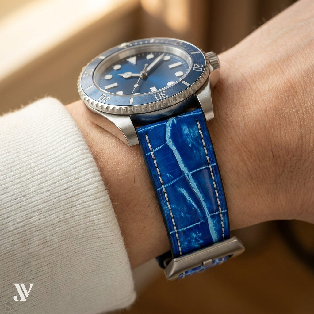 Ocean Blue Patina Alligator Leather Watch Strap — shown on watch
