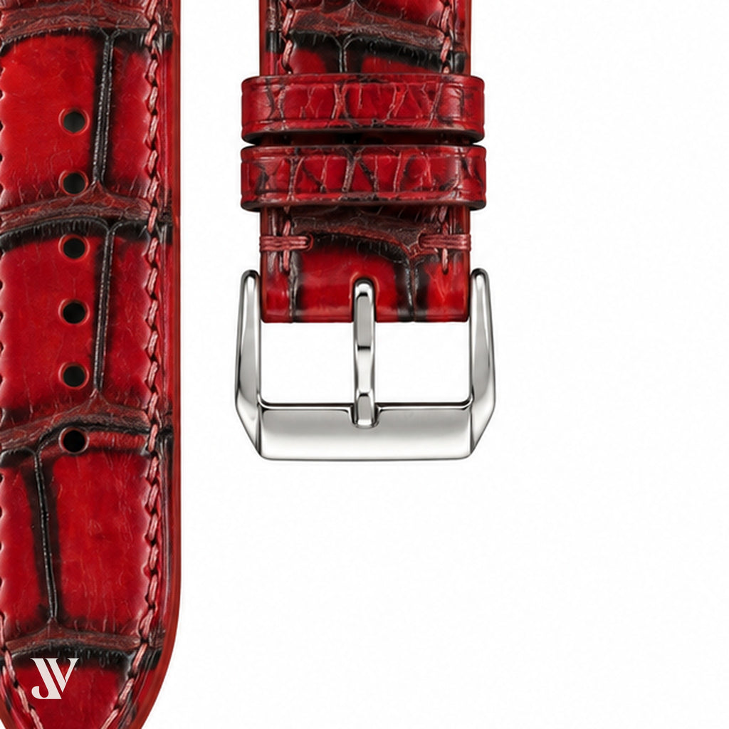 Padded Patina Red Alligator Leather Watch Strap — buckle detail