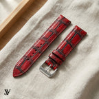 Padded Patina Red Alligator Leather Watch Strap — styled scene