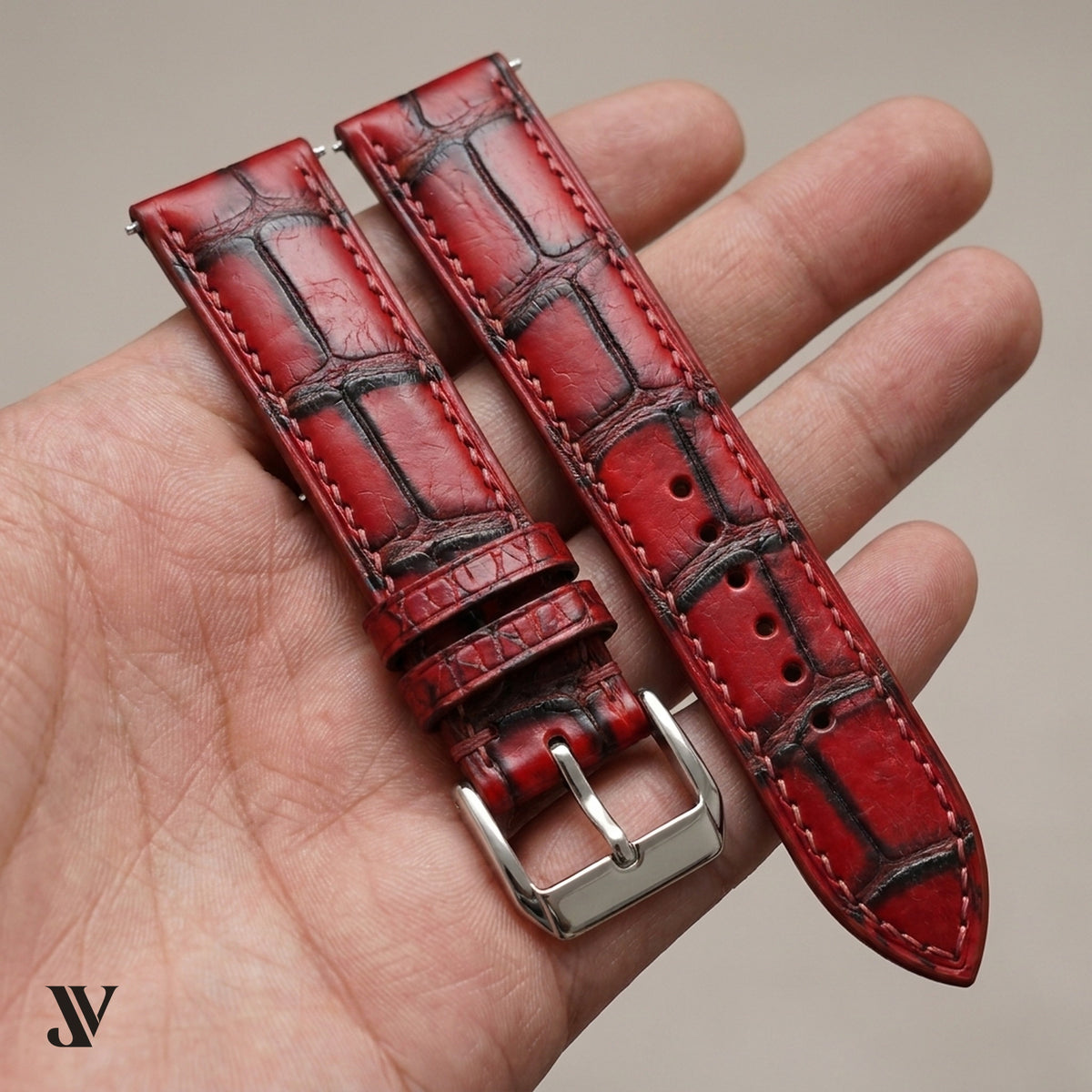 Padded Patina Red Alligator Leather Watch Strap — shown on watch