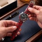 Padded Patina Red Alligator Leather Watch Strap — shown on watch