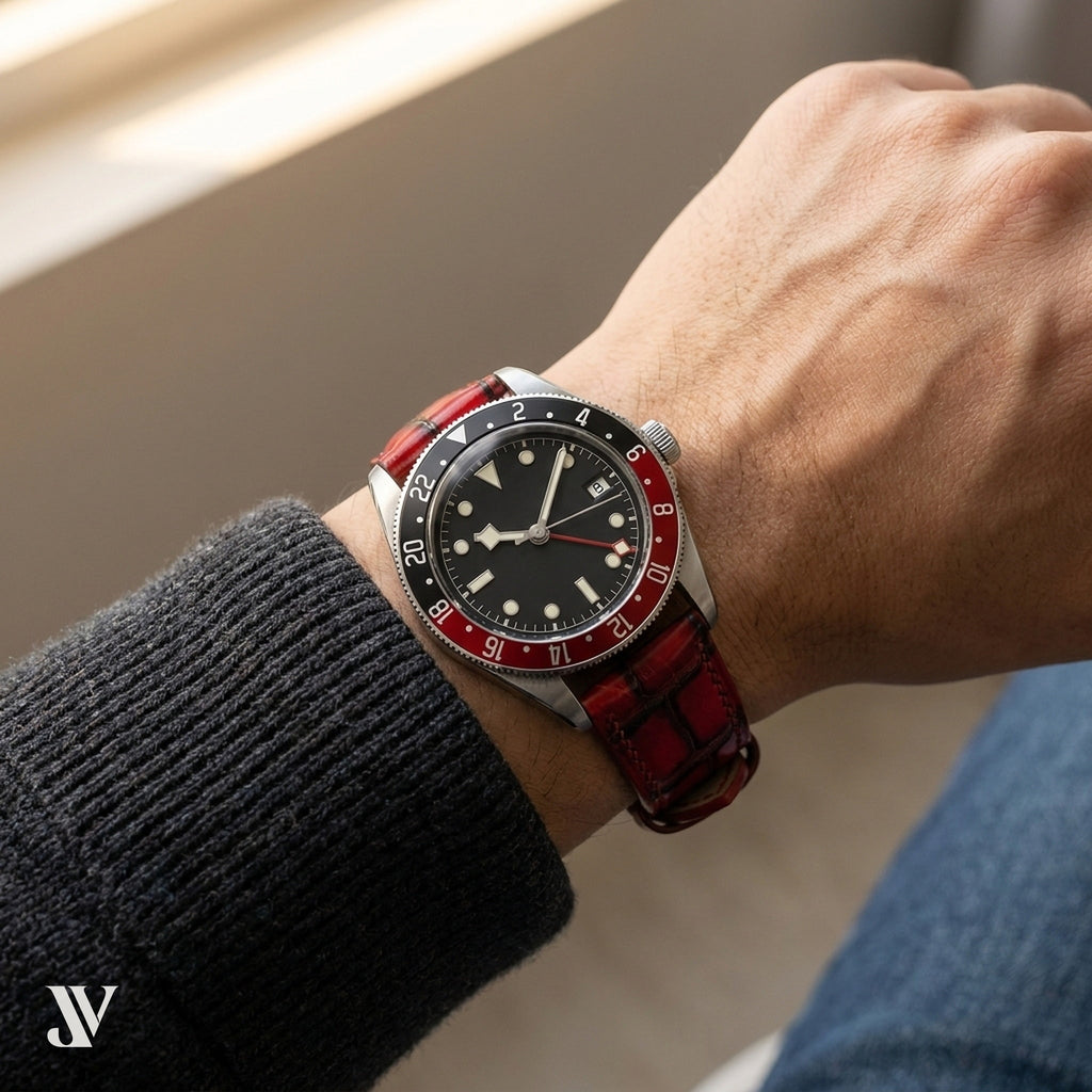 Padded Patina Red Alligator Leather Watch Strap — shown on watch