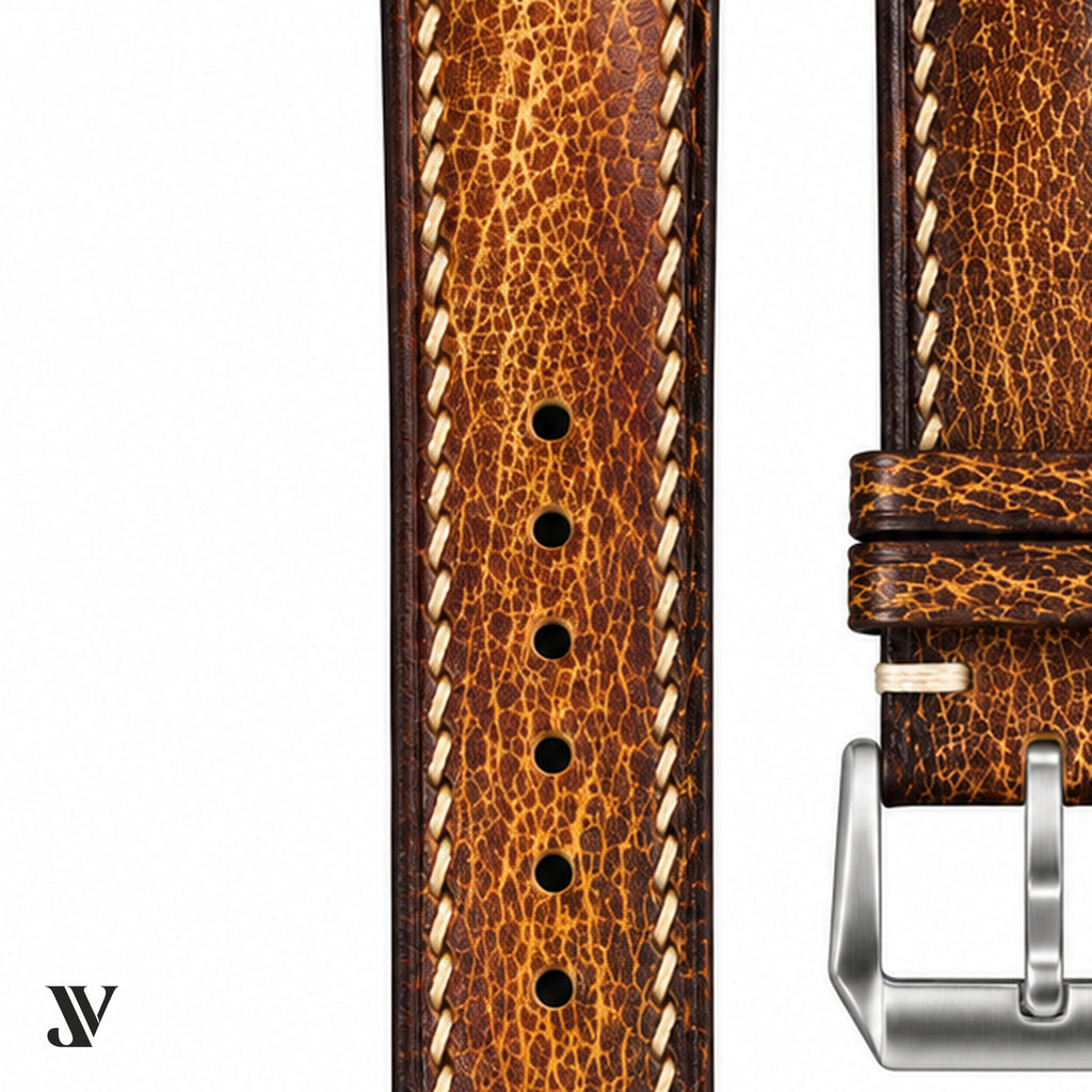 Amber Brown Patina Cowhide Leather Watch Strap — stitching detail