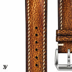 Amber Brown Patina Cowhide Leather Watch Strap — stitching detail