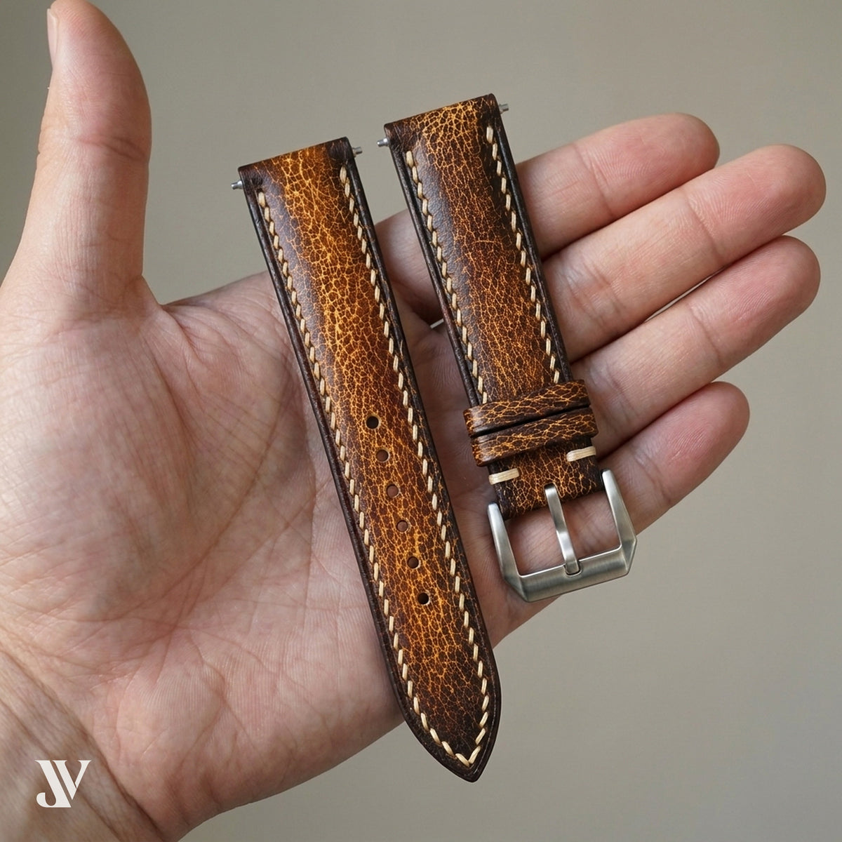 Amber Brown Patina Cowhide Leather Watch Strap — shown on watch