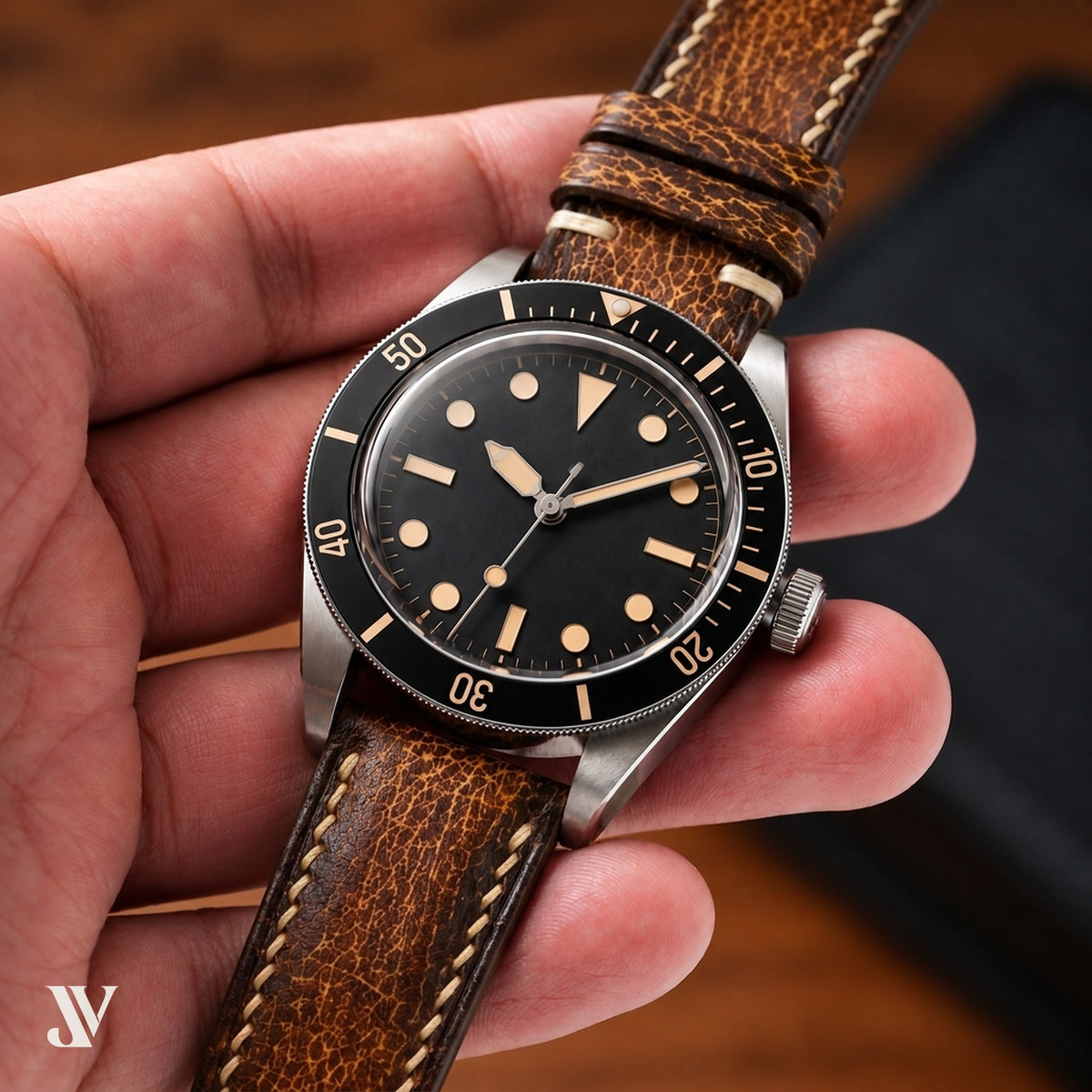 Amber Brown Patina Cowhide Leather Watch Strap — shown on watch