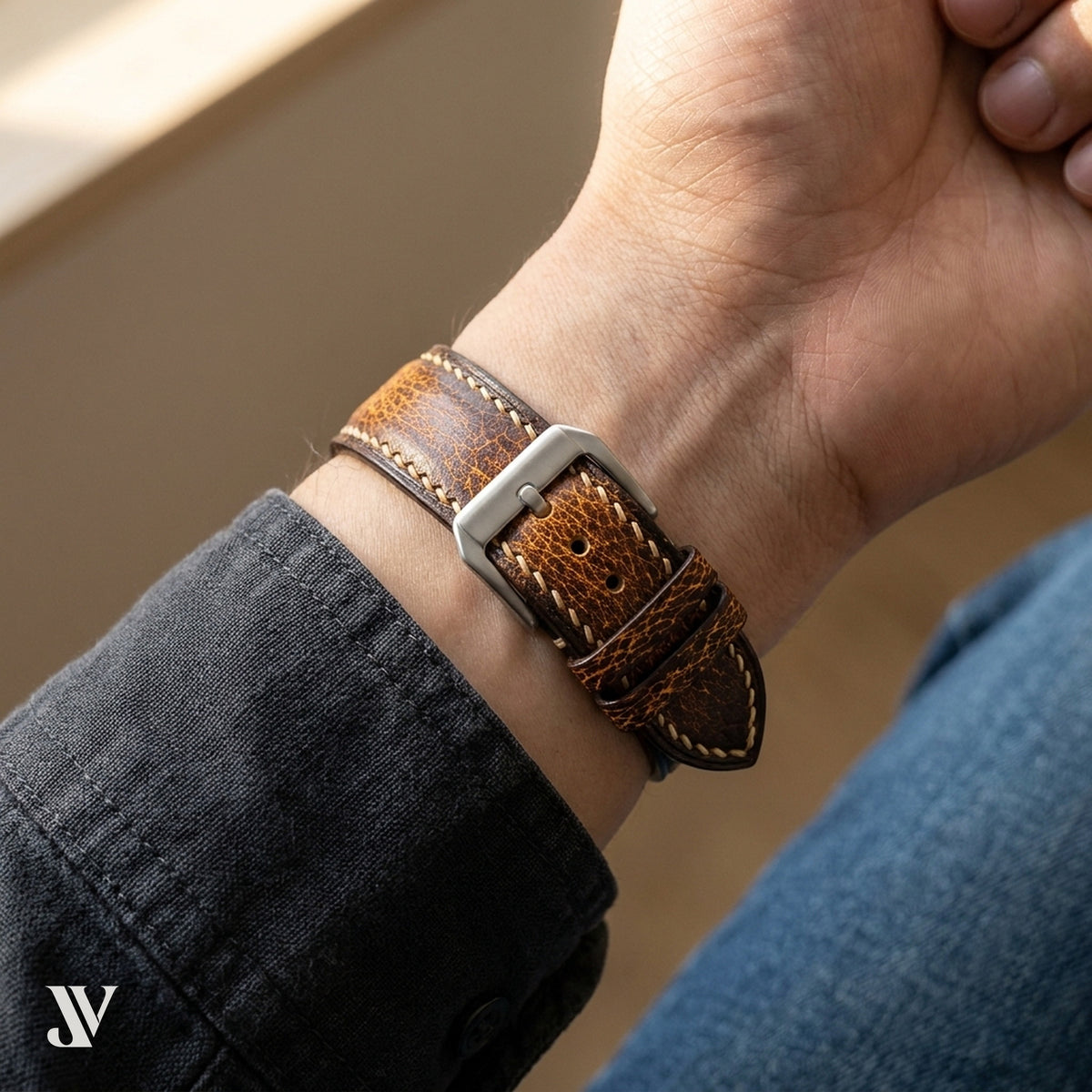 Amber Brown Patina Cowhide Leather Watch Strap — shown on watch