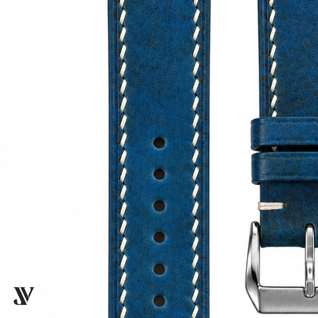 Blue Vegetable-Tanned Leather Watch Strap — stitching detail