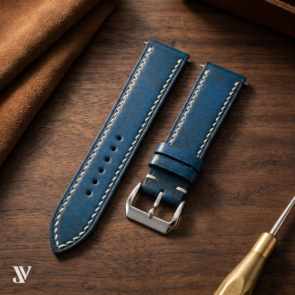 Blue Vegetable-Tanned Leather Watch Strap — styled scene