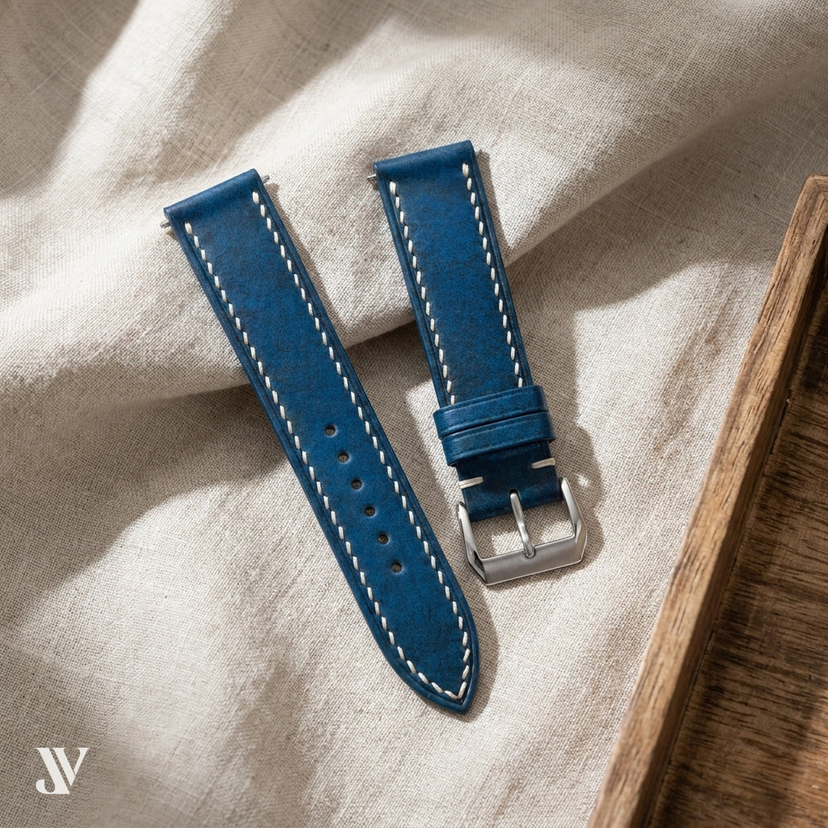 Blue Vegetable-Tanned Leather Watch Strap — styled scene