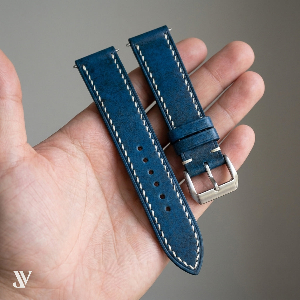Blue Vegetable-Tanned Leather Watch Strap — shown on watch