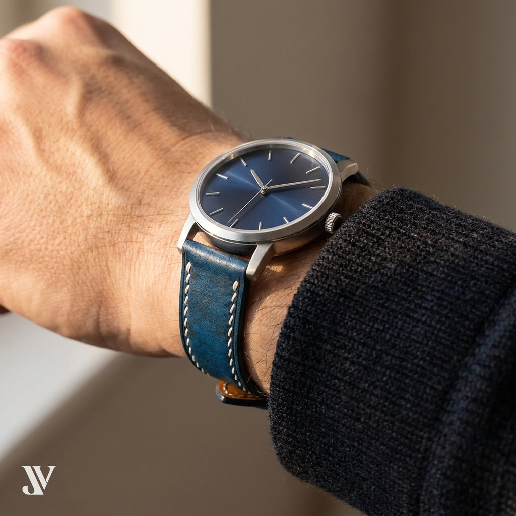 Blue Vegetable-Tanned Leather Watch Strap — shown on watch