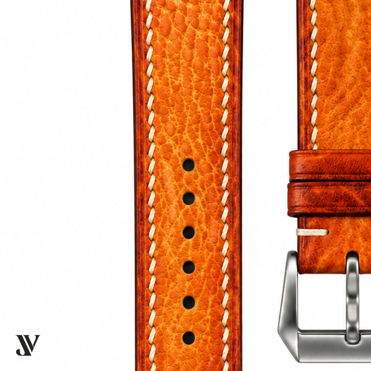 Burnt Orange Vegetable-Tanned Leather Watch Strap — stitching detail