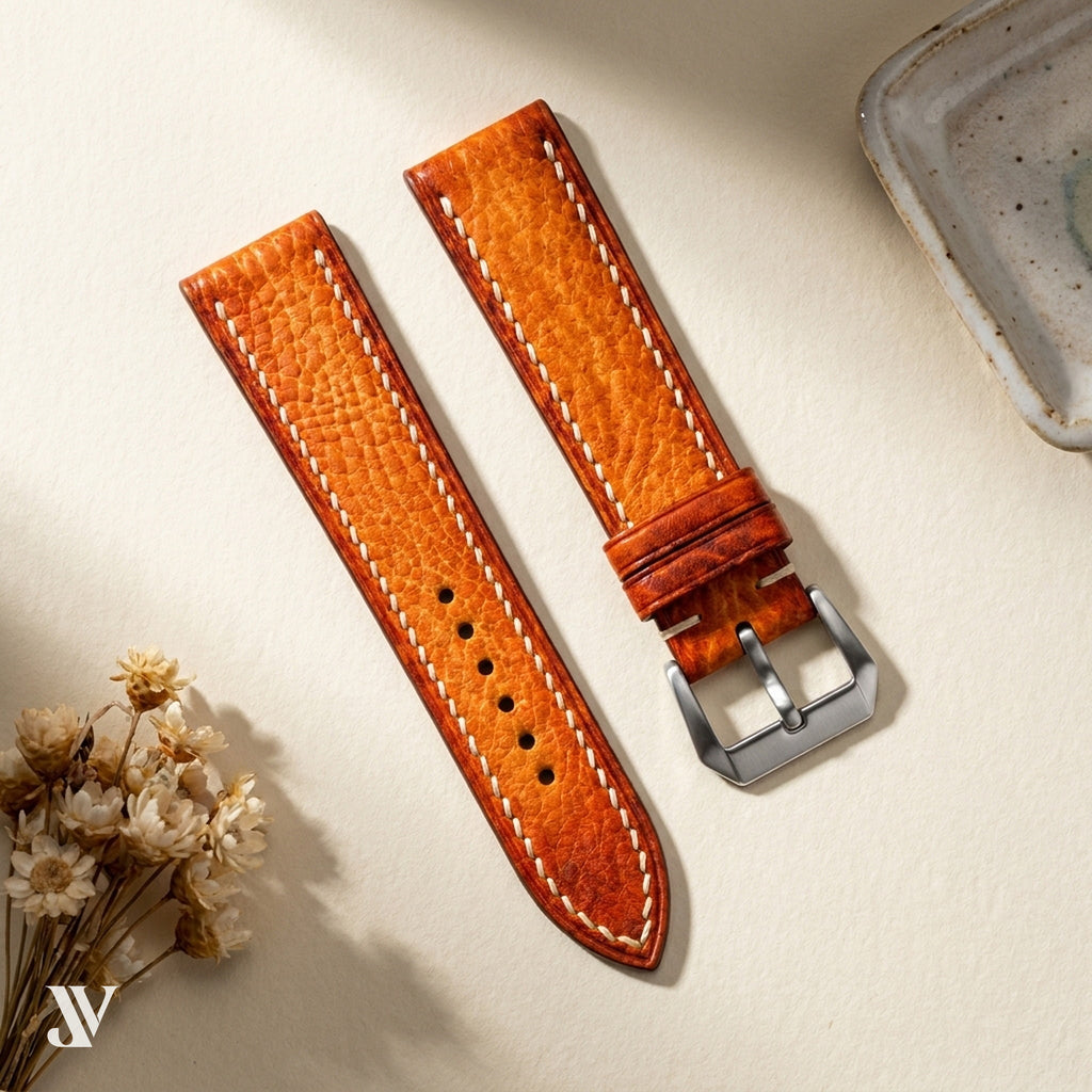 Burnt Orange Vegetable-Tanned Leather Watch Strap — styled scene