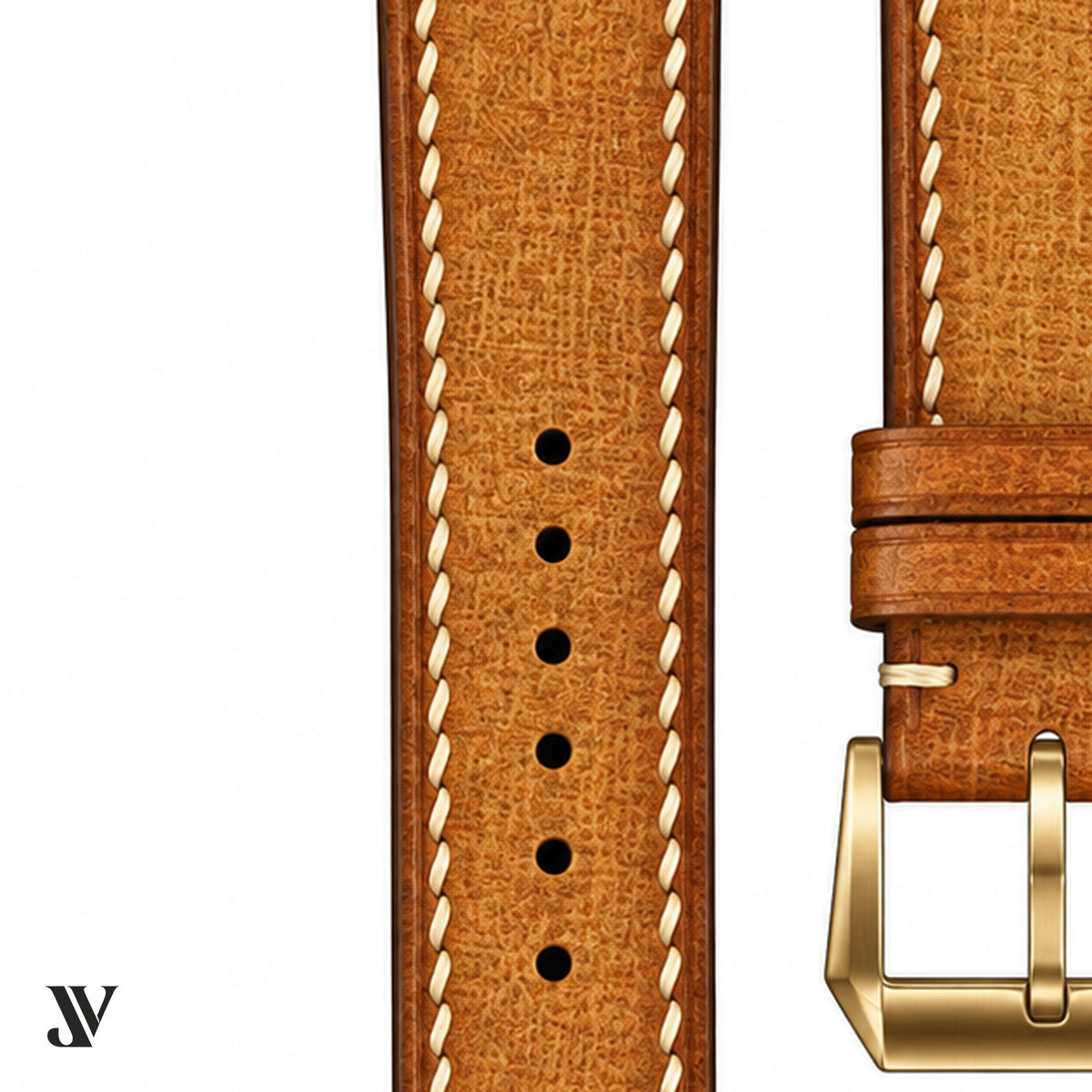 Caramel Babele Vegetable-Tanned Leather Watch Strap — stitching detail