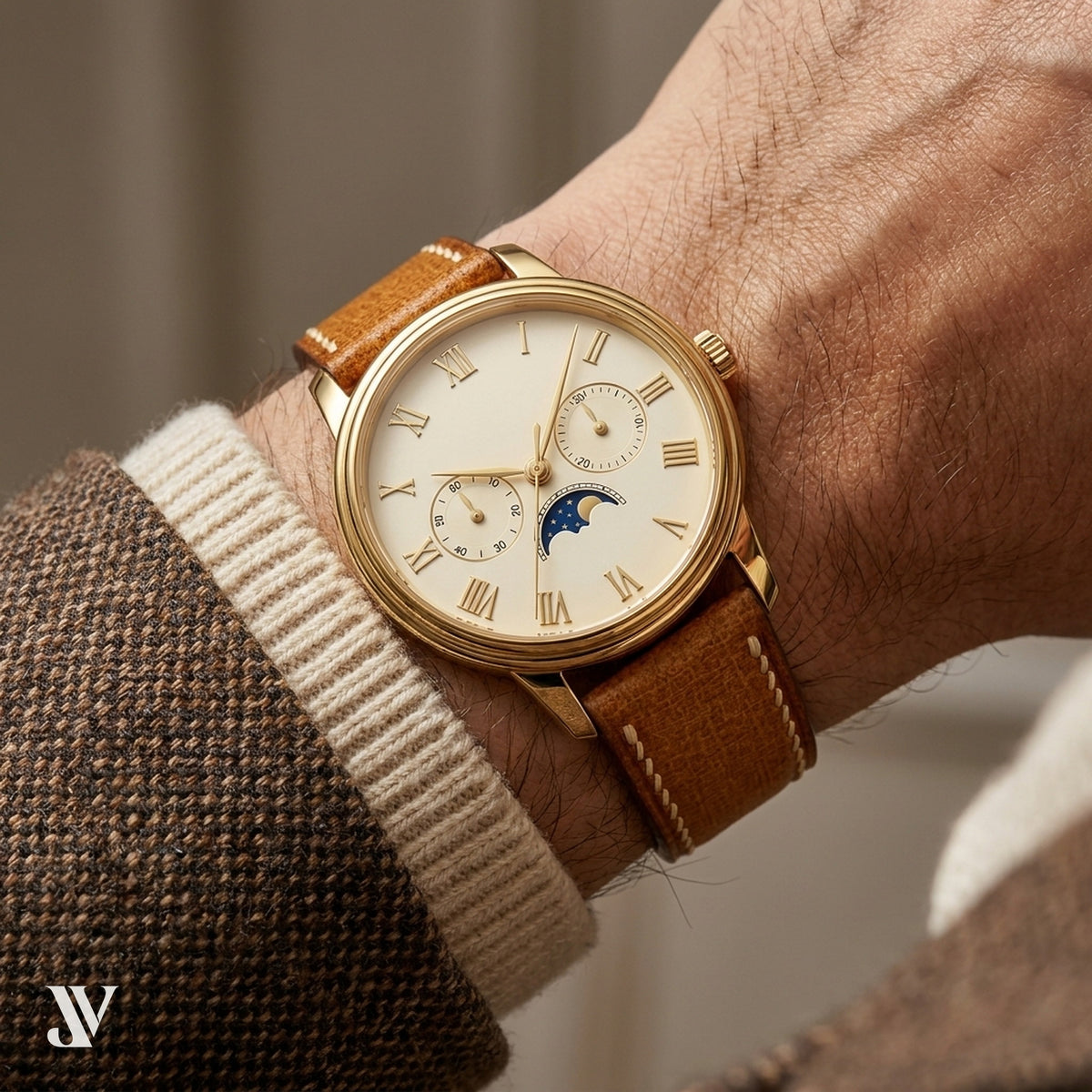 Caramel Babele Vegetable-Tanned Leather Watch Strap — shown on watch