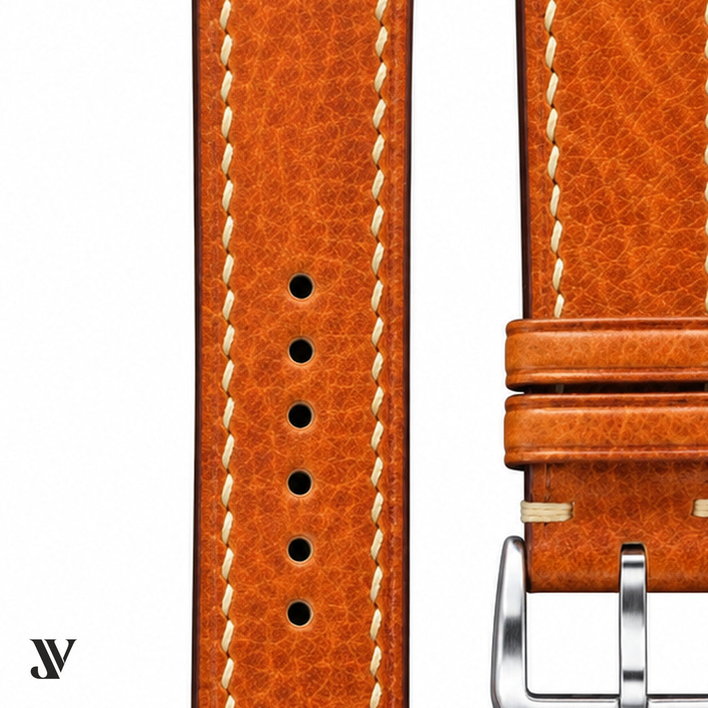 Caramel Vegetable-Tanned Leather Watch Strap — stitching detail